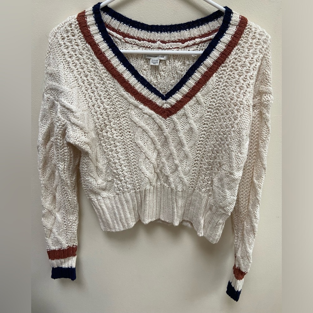 American Eagle Outfitter cream knit vneck stripe varsity sweater cotton blend XS